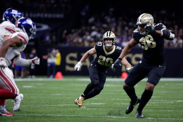 Saints LB Pete Werner (20) in action against the New York Giants. Credit: Saints Wire/USA TODAY 